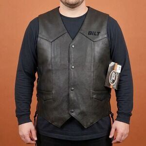 Custom BILT Leather Motorcycle Vest Mens 2XL Black Side Lace Snap NWT